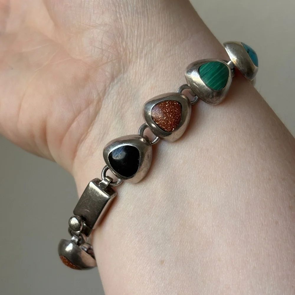 Vintage Taxco Sterling Silver 925 Mexico Multi Color Stone Link Bracelet